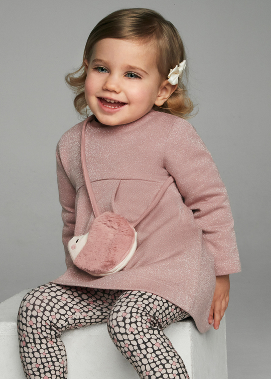 Salmon glitter dress with long sleeves and bag in the shape of hedgehogs 2915 Mayoral