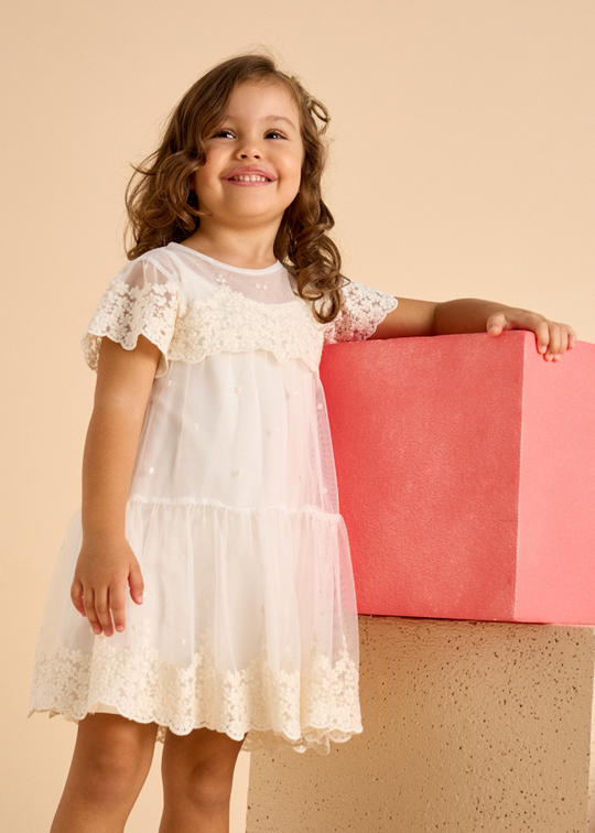 Beige Tulle Dress with Lace Embroidery 3909 Mayoral