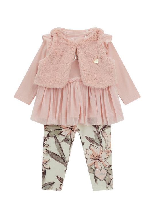 3 Piece Set Pink Blouse Fur Vest and Floral Pants A4BG18 WC910 G66B Guess