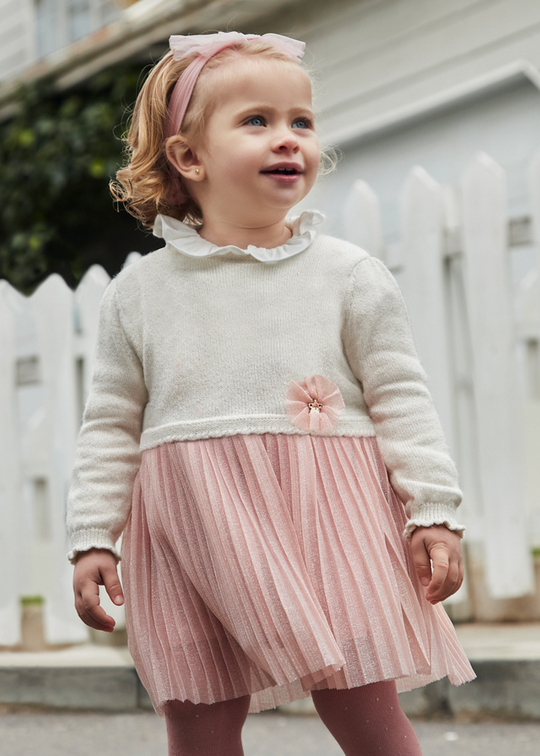 Beige knitted bust dress and salmon tulle skirt with pleats 2906 Mayoral