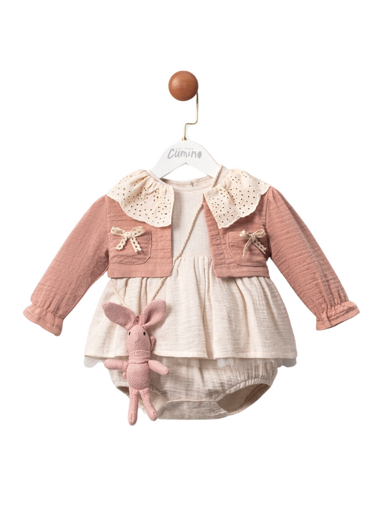 Beige Muslin Body Overall Set, Brick Bolero and Pink Rabbit Accessory 3403 Mino Baby