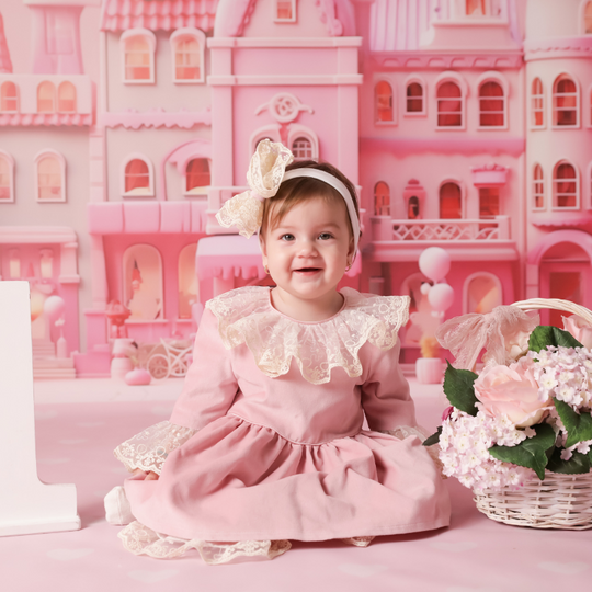 AnneBebe Pink Velvet Ruffled Cappuccino Lace Dress
