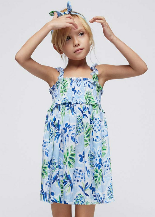 Blue Dress with Straps and Blue Print with Pineapple and Headband 3947 Mayoral