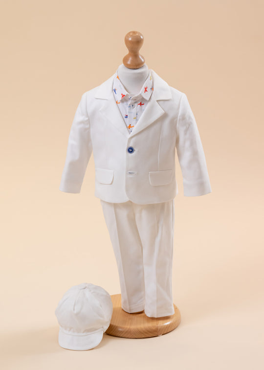 Costum Evgeni, Sacou Si Pantalon Crem Camasa Imprimeu Avioane si Bascuta AnneBebe