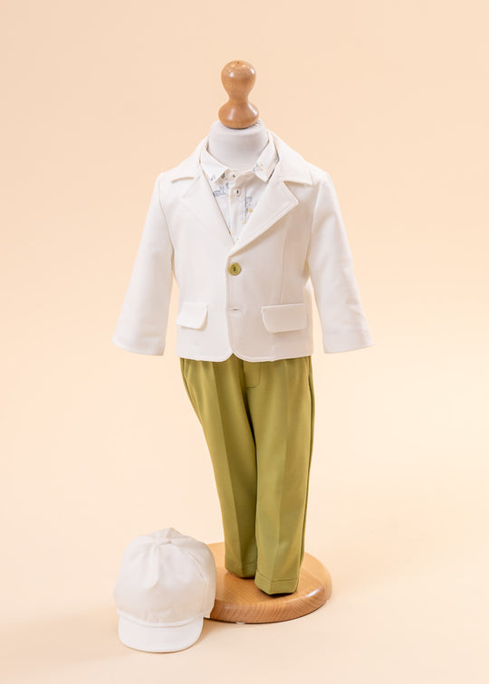 Costum Adelin Sacou Crem, Camasa Imprimeu Animalute, Pantalon Verde Bascuta AnneBebe