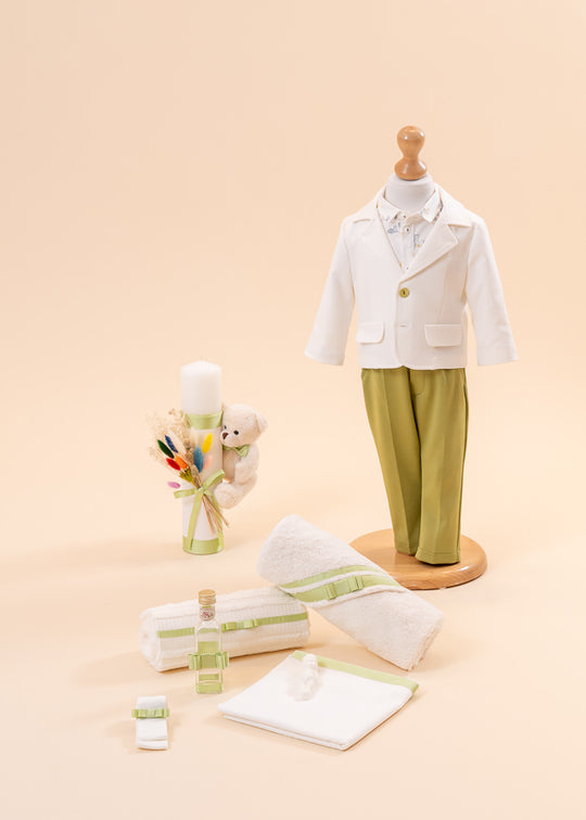 Set Botez Adelin 3 Piese Costum, Trusou si Lumanare Personalizabil Botez Baieti AnneBebe