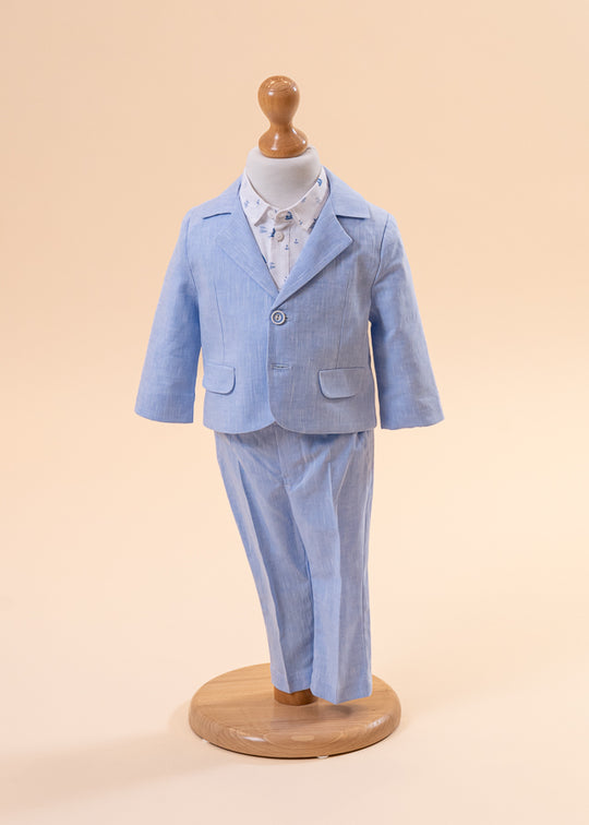 Costum Elegant Alin Sacou si Pantalon Bleu, Camasa cu Barcute AnneBebe