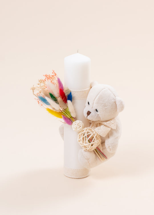 Lumanare Leontie Luke Botez Urs Mare Crem Si Buchet Flori AnneBebe