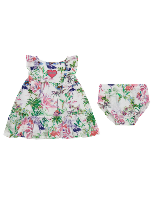White Cotton Dress with Plumes and Flower and Flamingo Print Sleeveless with Panties A4GK12 Guess