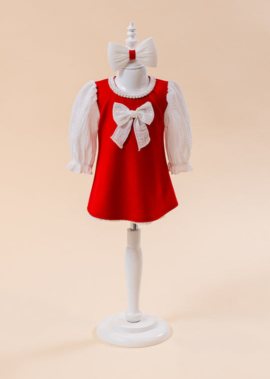 Red Dress With Pearls At The Neck And Muslin Sleeves AnneBebe
