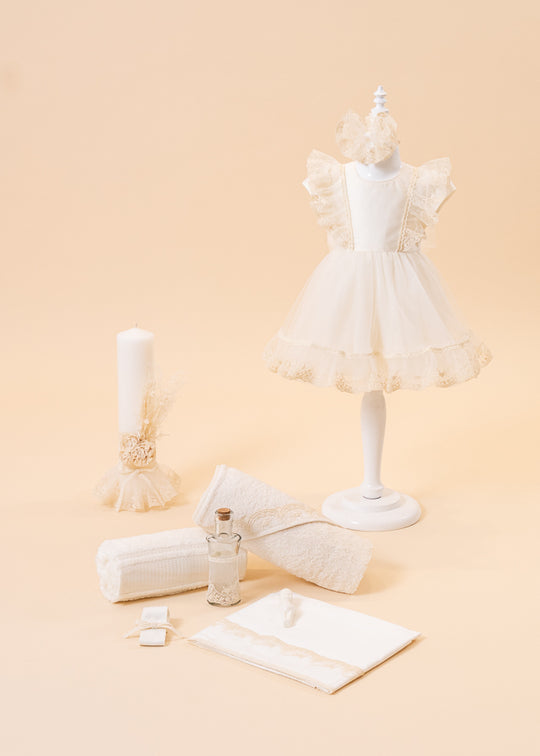 Ilinca Baptism Set 3 Pieces, Dress, Suit and Candle Personalized AnneBebe