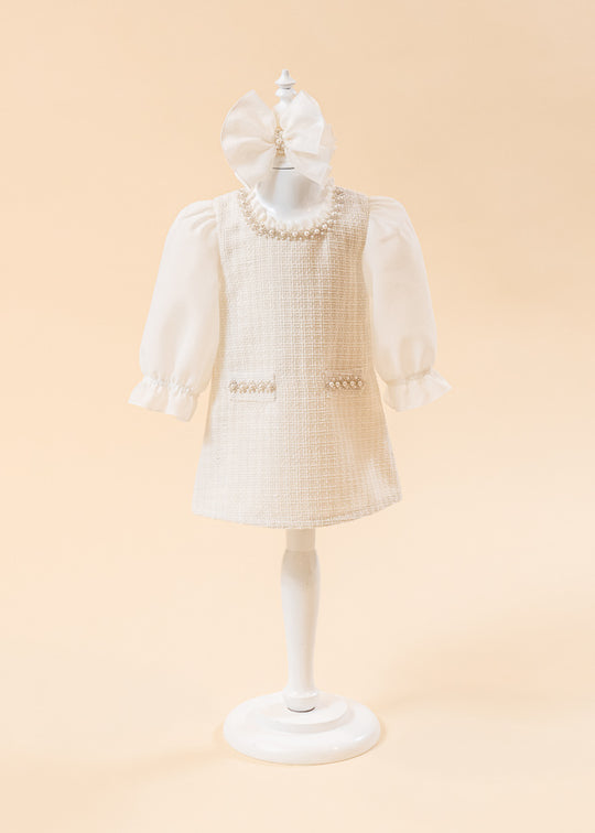 Cream Fabric Sarafan Dress With Pearls At The Neck And Pockets AnneBebe