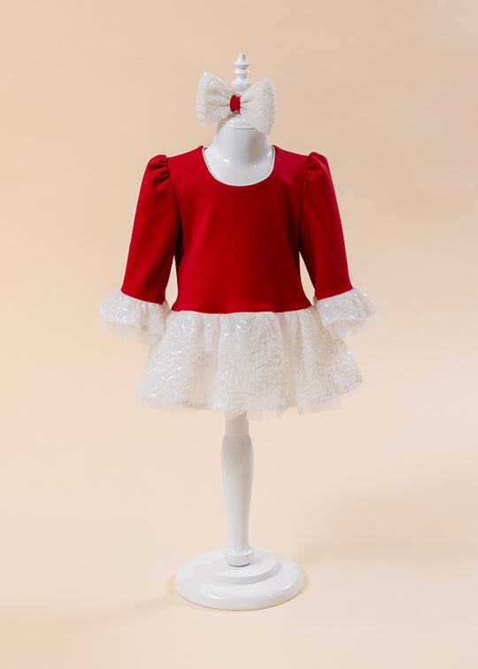 Red Dress With White Lace Ruffles And Sequins Embroidered On The Sleeve AnneBebe