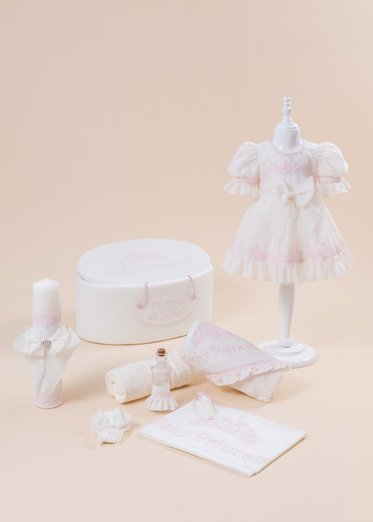 Diana Baby Princess Christening Set 4 Pieces, Dress, Trouser, Candle and Personalized Chest AnneBebe