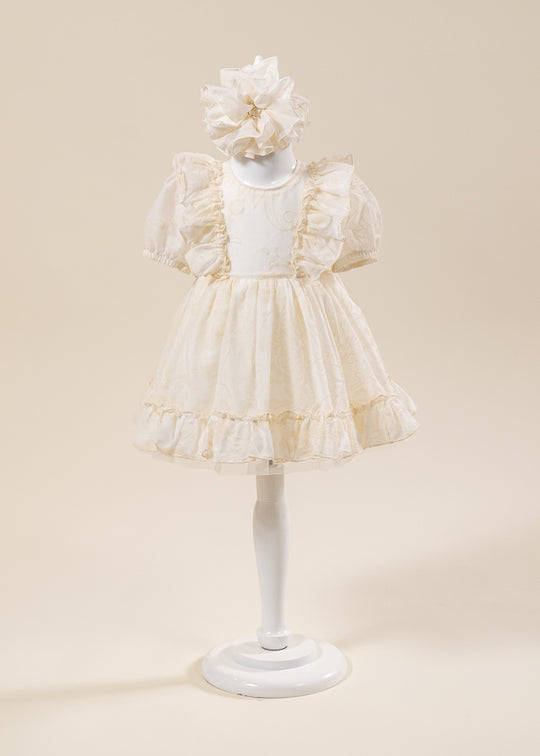Elegant Dress for Girls Edith Cream Print Velvet Cord Salmon AnneBebe