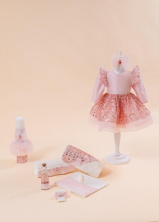 Set Botez Ligia 3 Piese, Rochita, Trusou si Lumanare Personalizat Botez AnneBebe