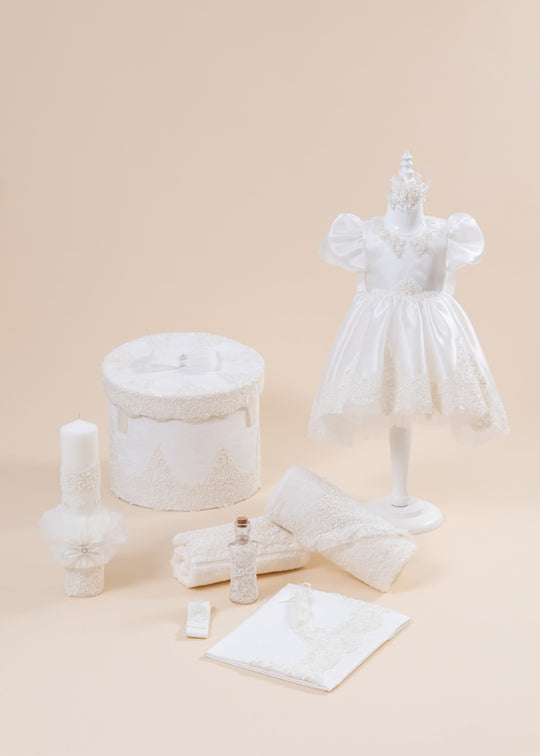 Baptism Set Sonia 4 Pieces, Dress, Suit, Candle and Personalized Chest AnneBebe