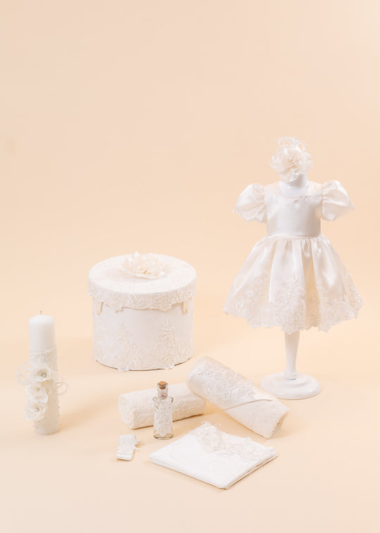 Ariana Christening Set 4 Pieces, Dress, Trouser, Candle and Personalized Chest AnneBebe