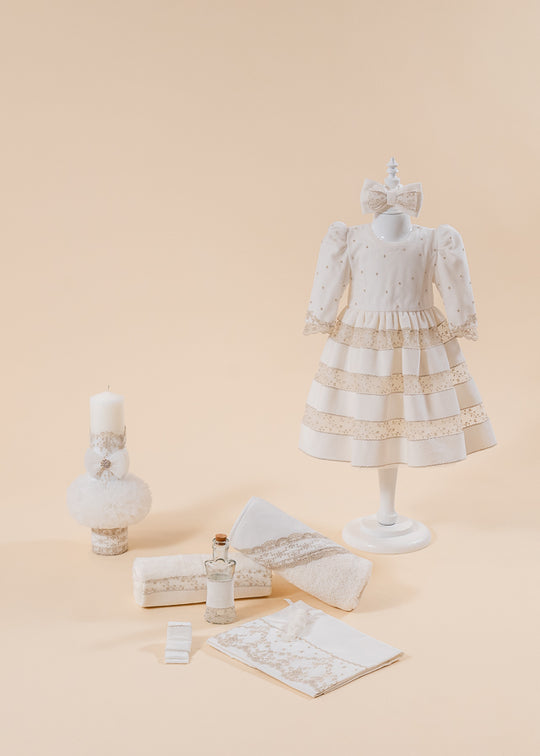 Set Botez Natalia 3 Piese, Rochie, Trusou si Lumanare Personalizat Botez AnneBebe
