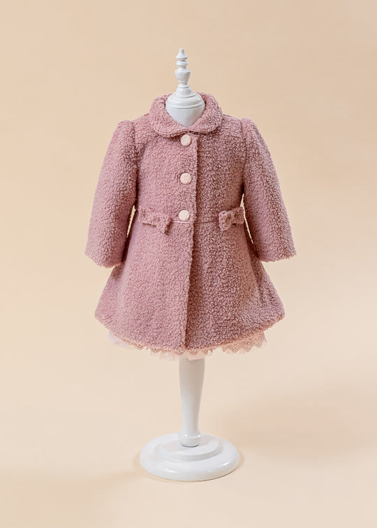 AnneBebe Girls' Pink Curl Coat With Bow