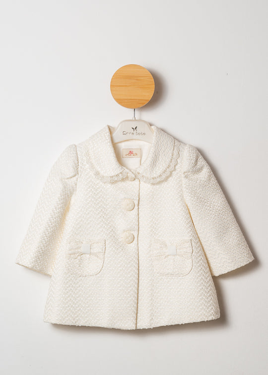 Cream Straight Coat with Pleats at the Back, Lace and Satin Checks