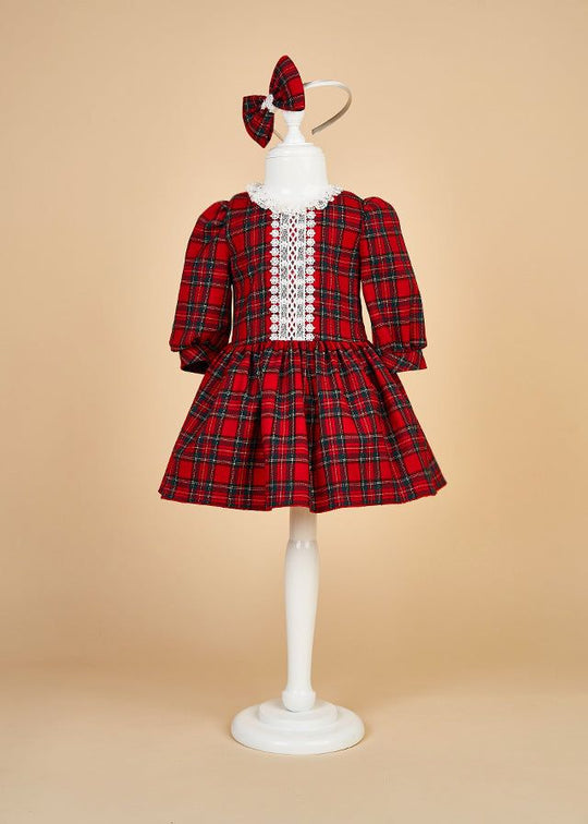 Girls Dress Red Plaid Cotton With Green Lace Collar Cream AnneBebe