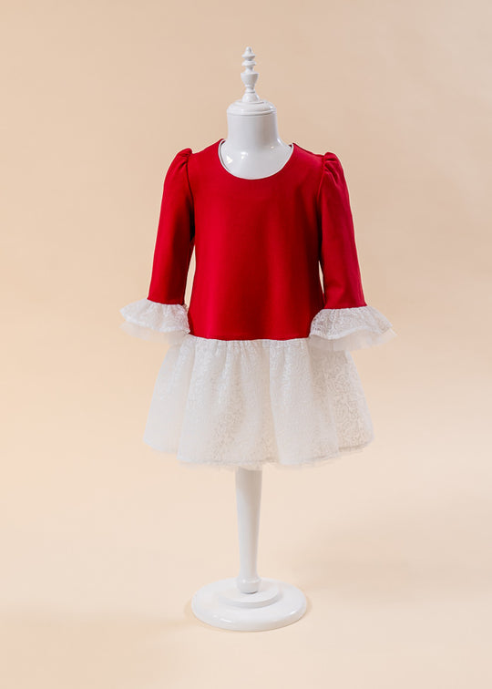 Red Dress with Ruffles and White Lace Embroidered on the Sleeve AnneBebe