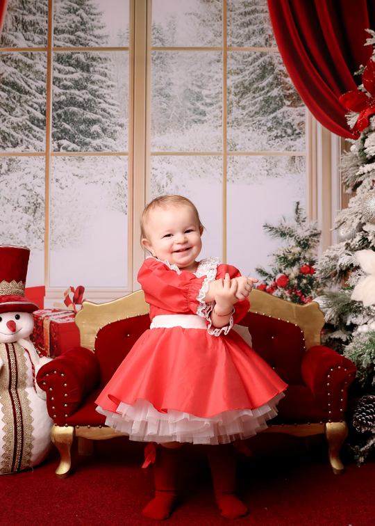 Red Satin Dress with Two Ruffles Collar and White Lace AnneBebe