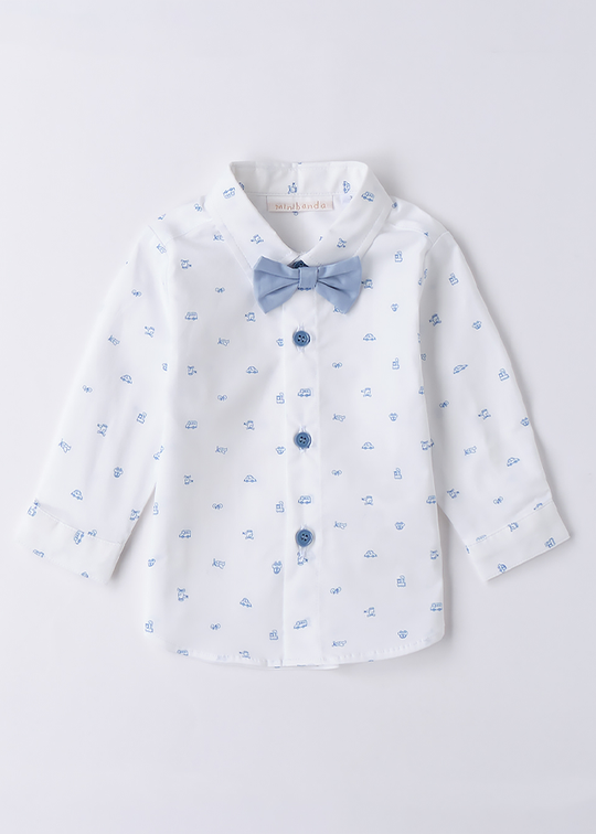White Long Sleeve Shirt With Cars And Blue Bow Tie 3B600.00 Minibanda