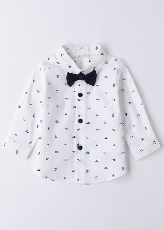 White Long Sleeve Shirt With Cars And Navy Bow Tie 3B600.00 Minibanda
