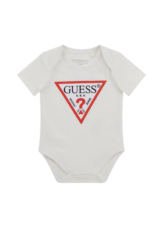 NO PICTURES White Short Sleeve Bodysuit with Red Triangle Logo H5GW06 K6YW1 G011 Guess