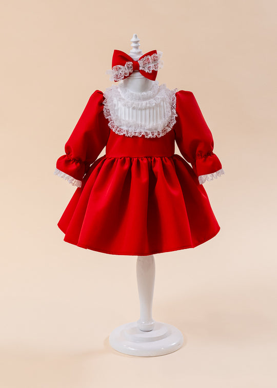 Red Dress With Two Ruffles And Lace At The Neck AnneBebe