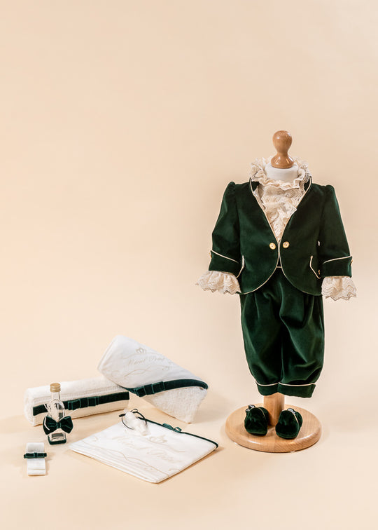 Set Botez Print Catifea Verde 2 Piese Costum si Trusou AnneBebe