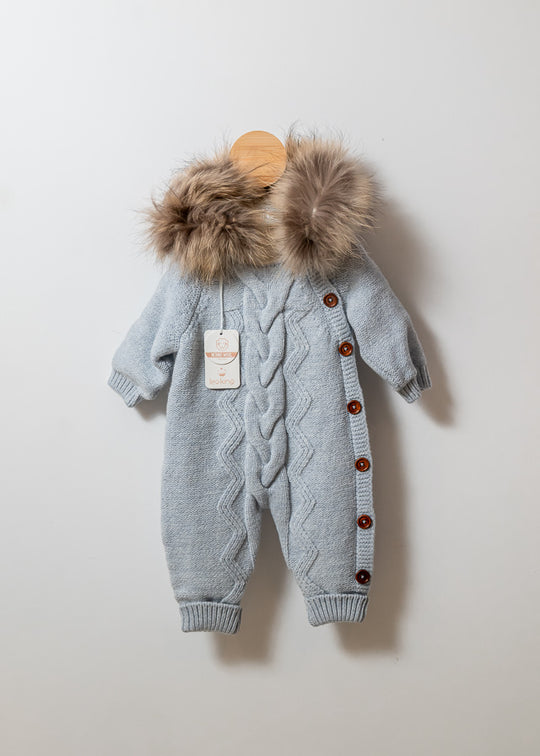 Blue Merino Wool Jumpsuit with Fur Hood and Side Buttons 9406 Leo King