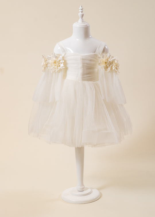 Rochie Ceremonie Tulle Ivory cu Flori la Maneci L7006 Lugu