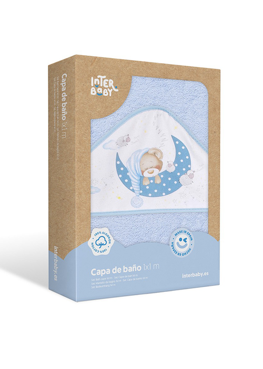 Hooded Towel and Bib Blue with Bear on the Crescent Moon 100x100 cm 01225-01 Interbaby