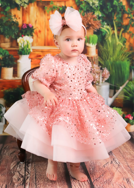 Girl's Tasha Tull Sequin Dress Pink Ceremony Detachable Bow