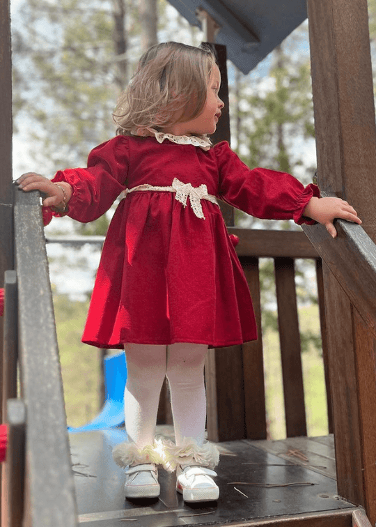 Casual Dress for Girls in Red Fabric with Long Sleeve Collar and Cord in Cream Lace 3349