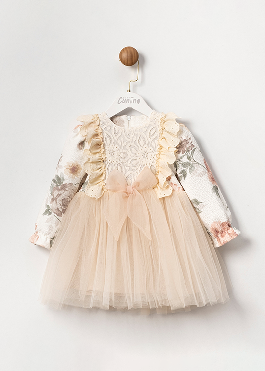 Cream Long Sleeve Ceremony Girls Dress With Flowers And Lace On Bust And Beige Tulle Skirt 3587 Mino Baby