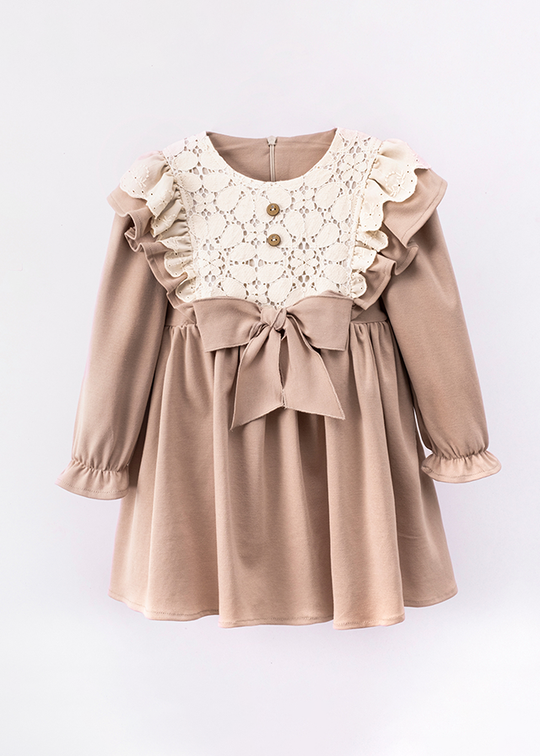 Dress With Long Sleeve Elegant Beige Girls With Lace On The Bust And Bow At The Waist 3554 Mino Baby