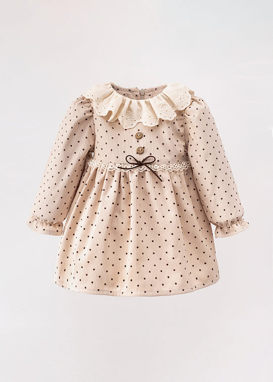 Elegant Beige Girls Long Sleeve Dress With Brown Picks And Lace Collar MJ094 Mary&Joe