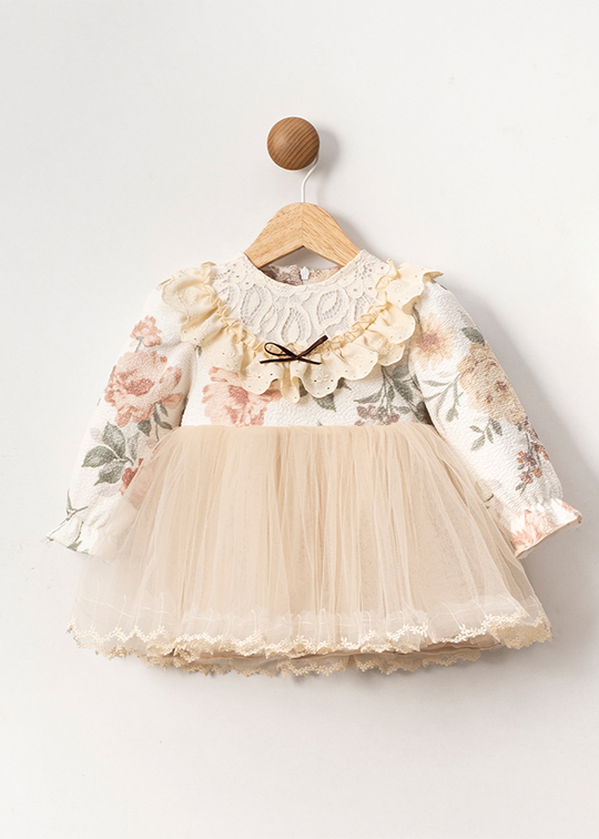 Dress With Long Sleeve Girls Elegant Cream Bust With Flowers And Beige Tulle Skirt 3584 Mino Baby