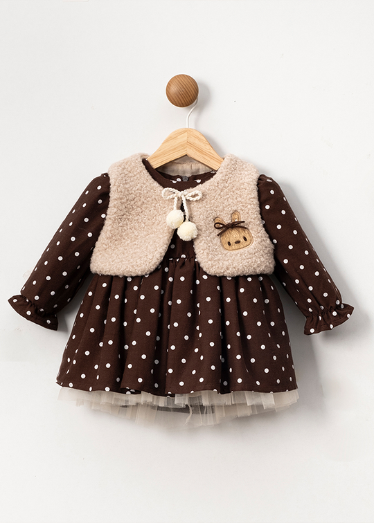 Dress With Long Sleeve Girls Elegant Brown With Polka Dots And Beige Fur Vest 3585 Mino Baby