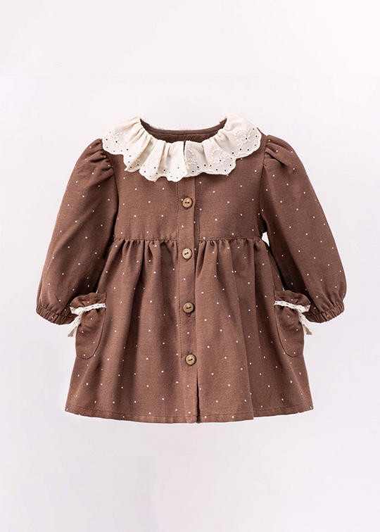 Girls Elegant Brown Long Sleeve Dress With Cream Picks And Lace Collar MJ089 Mary&Joe