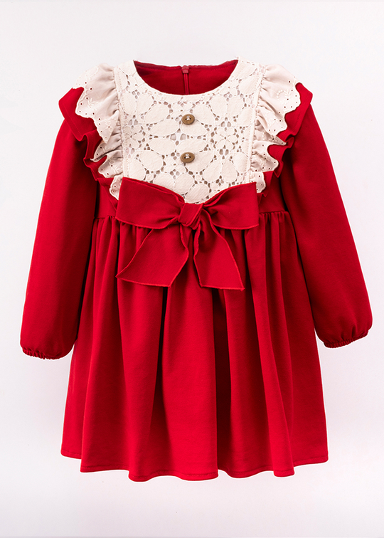 Red Elegant Girls' Long Sleeve Dress With Lace On The Bust And Bow At The Waist 3554 Mino Baby