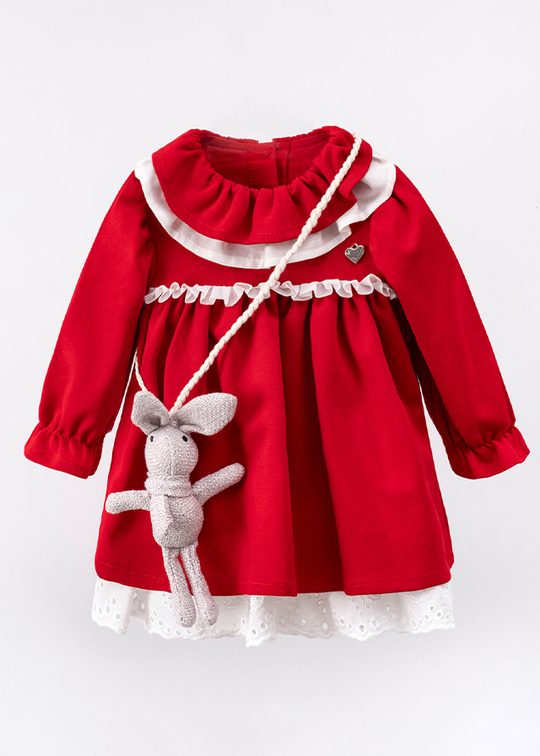 Red Elegant Girls Long Sleeve Dress With Ruffle Collar And Rabbit Accessory 3557 Mino Baby