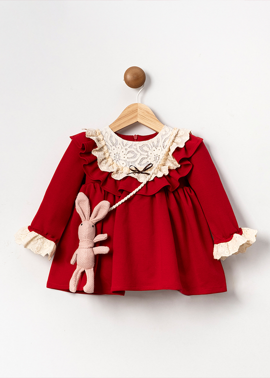 Red Elegant Girls' Long Sleeve Dress With Ruffles On The Bust And Lace And Bunny Accessory 3588 Mino Baby