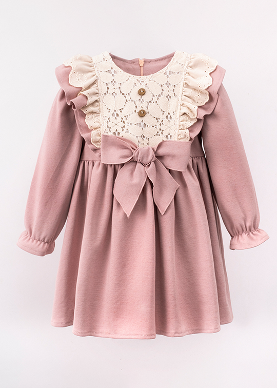 Elegant Pink Dress With Long Sleeves For Girls With Lace On The Bust And Bow At The Waist 3554 Mino Baby