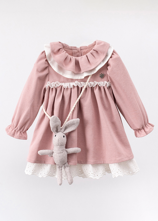 Elegant Pink Girls Long Sleeve Dress With Ruffle Collar And Bunny Accessory 3557 Mino Baby