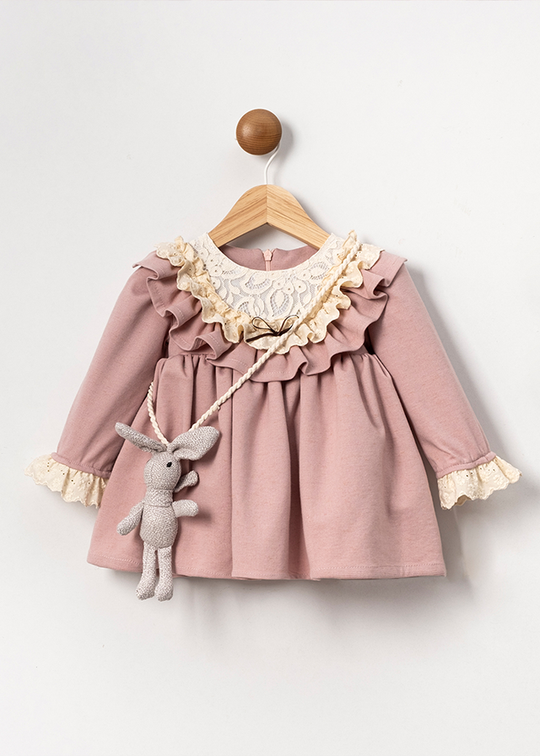 Elegant Pink Girls Long Sleeve Dress With Ruffles On The Bust And Lace And Bunny Accessory 3588 Mino Baby